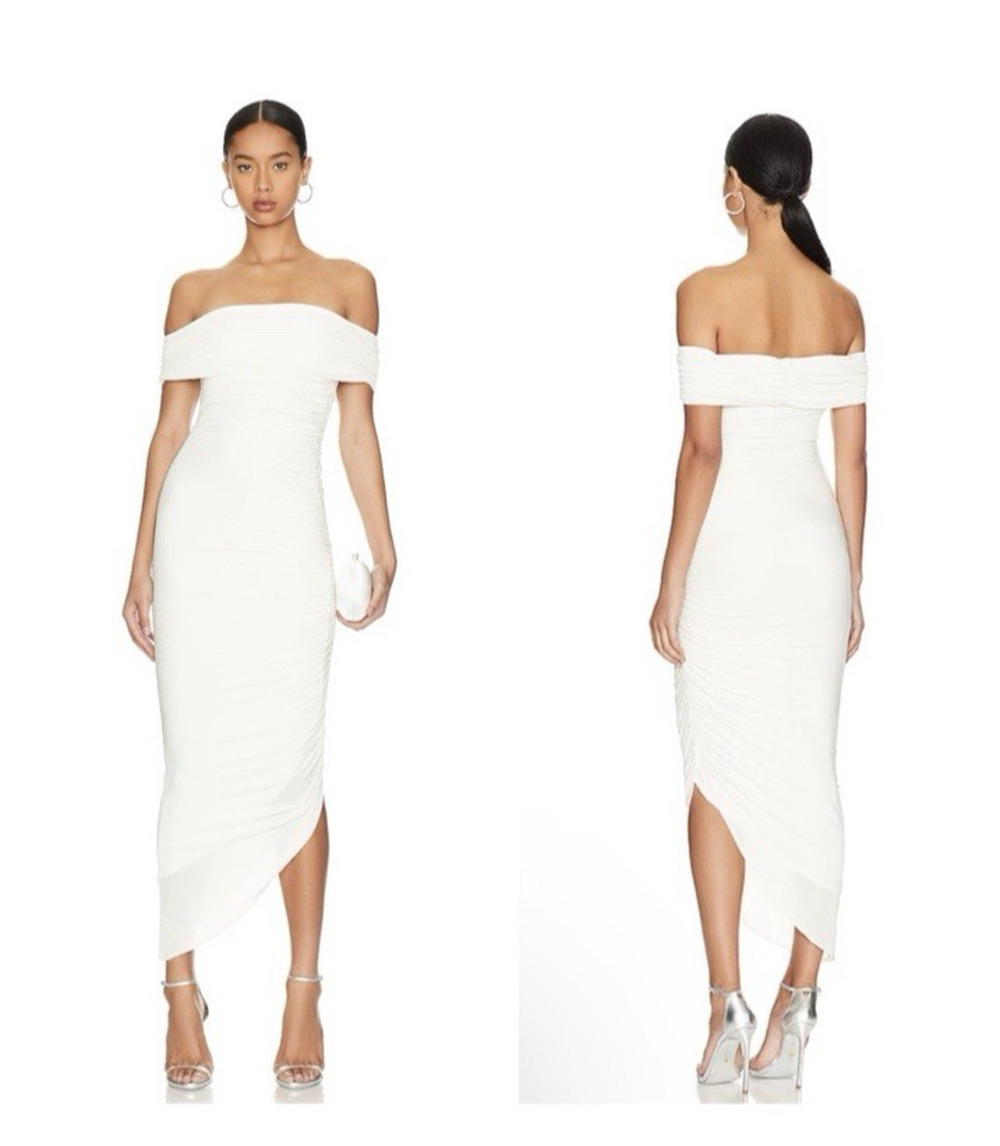 Misha Keoni Slinky Midi Dress Small White Stretch Off Shoulder Cocktail Party
